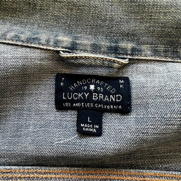 Lucky Brand Patchwork Denim Jacket Tomboy Trucker Boho 70s Vintage Reworked - Picture 7 of 14